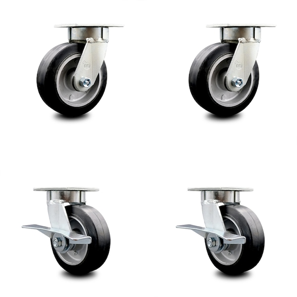 6 Inch Kingpinless Rubber on Aluminum Wheel Swivel Caster Set with 2 Brakes SCC